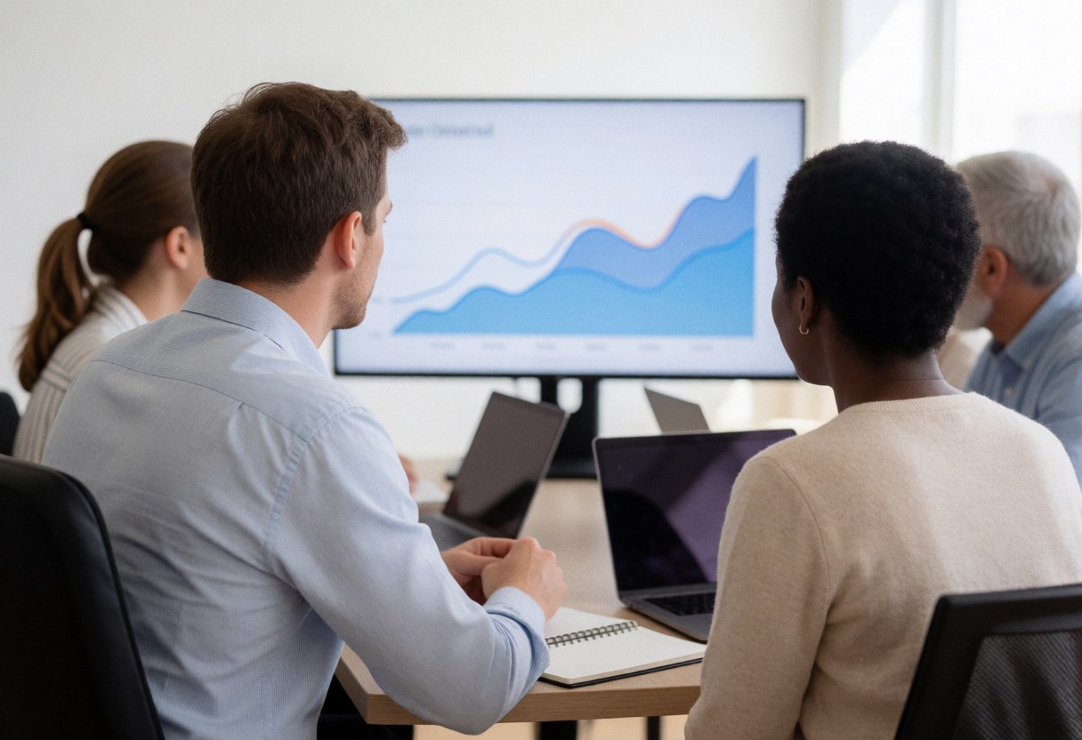 Finance team reviewing data charts on monitors and laptops in a modern office setting