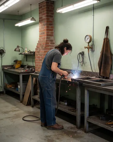 A welder working in a metal workshop with brick chimney and hanging tools