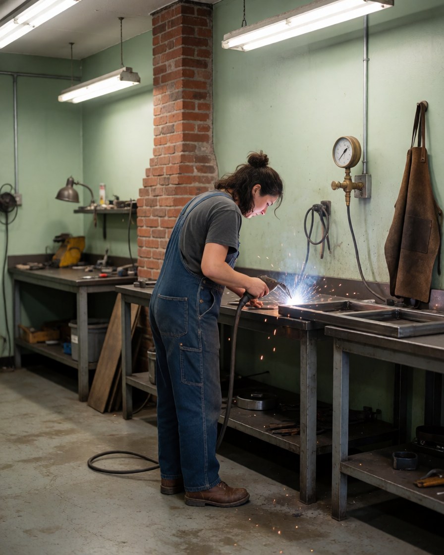A welder working in a metal workshop with brick chimney and hanging tools