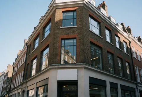Brick financial office building facade with large windows reflecting the street under a clear blue sky