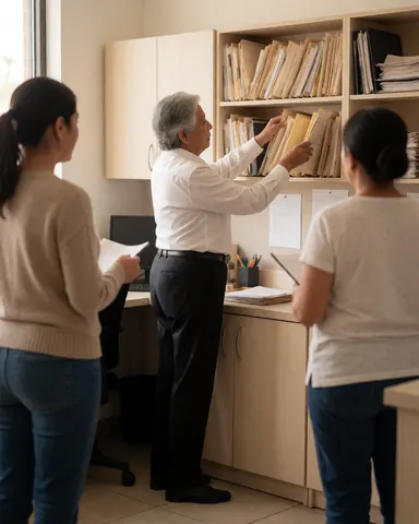 Senior real estate agent organizing folders at a desk in a modern office while two colleagues observe the work.