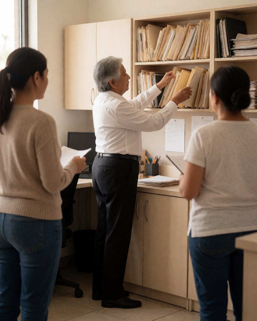 Senior real estate agent organizing folders at a desk in a modern office while two colleagues observe the work.