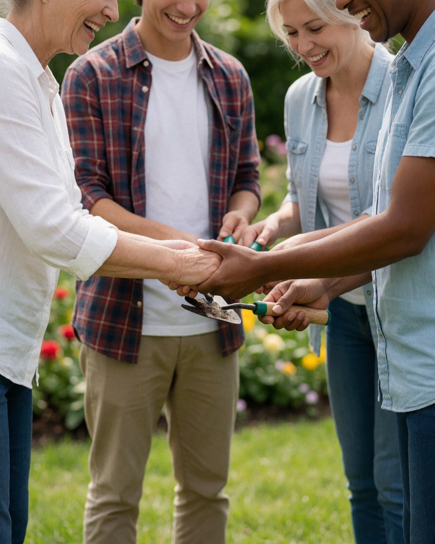 Close-up of hands holding gardening tools, symbolizing home care and satisfaction for real estate clients.