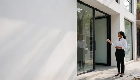 A real estate agent gestures toward the entrance of a modern building with white walls and bright daylight, suitable for a real estate website hero section.