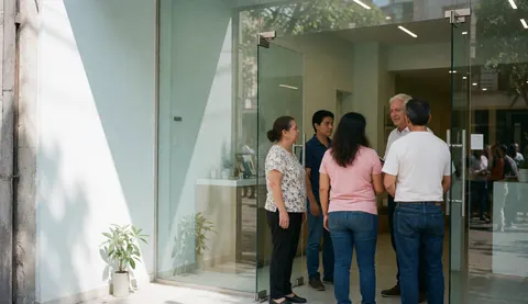 A group of people conversing at the glass entrance of a modern real estate office with plants and natural light
