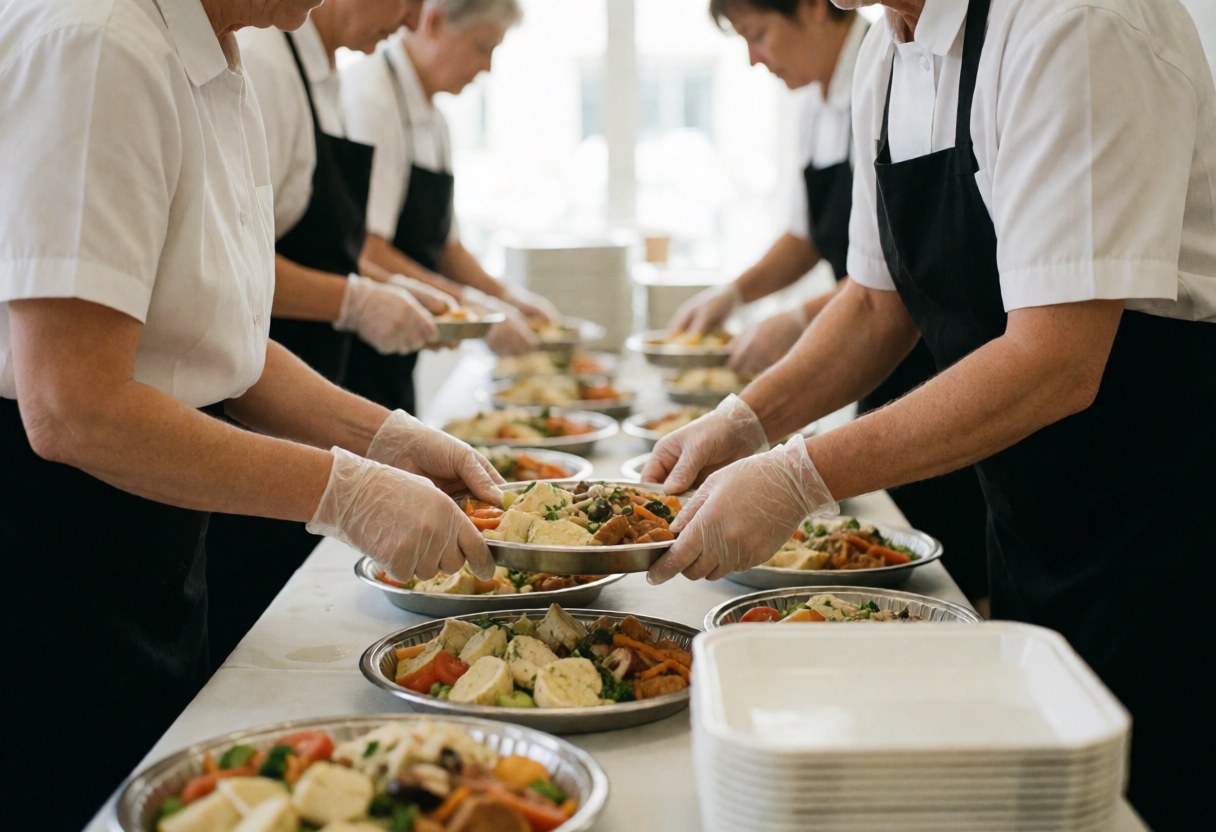 Catering staff wearing gloves serving food on plates on a long table in a well-lit venue