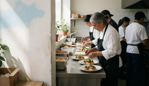 A chef plating gourmet appetizers on a stainless steel table in a professional kitchen with morning light.