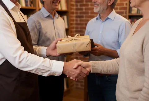 A bookstore employee hands a wrapped gift to a customer while shaking their hand in front of bookshelves and a brick wall.