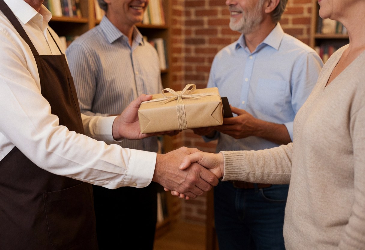 A bookstore employee hands a wrapped gift to a customer while shaking their hand in front of bookshelves and a brick wall.