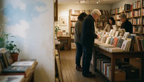 Shoppers examining books on wooden shelves in a warmly lit bookstore with parquet flooring and a welcoming atmosphere.
