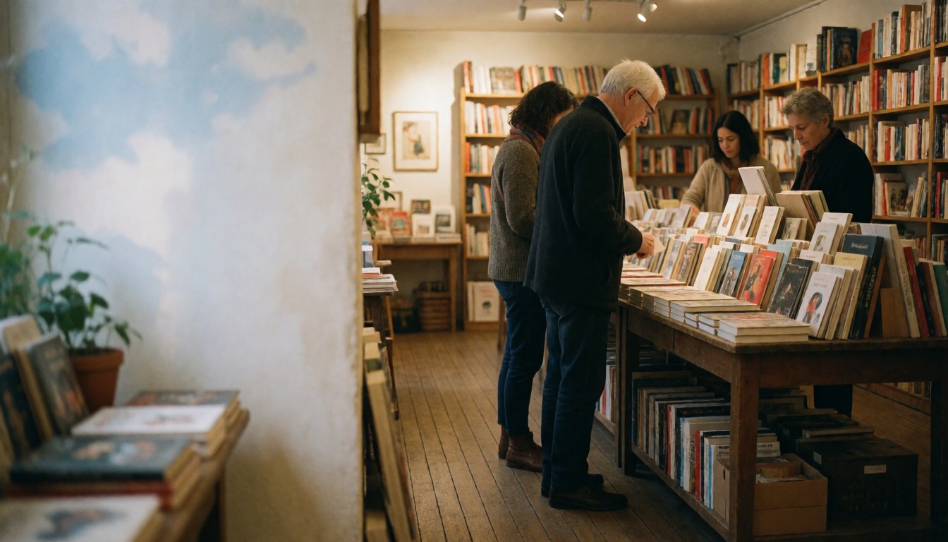 Shoppers examining books on wooden shelves in a warmly lit bookstore with parquet flooring and a welcoming atmosphere.