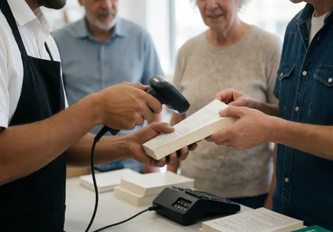 Employee scanning a book at the counter while a customer holds the item nearby
