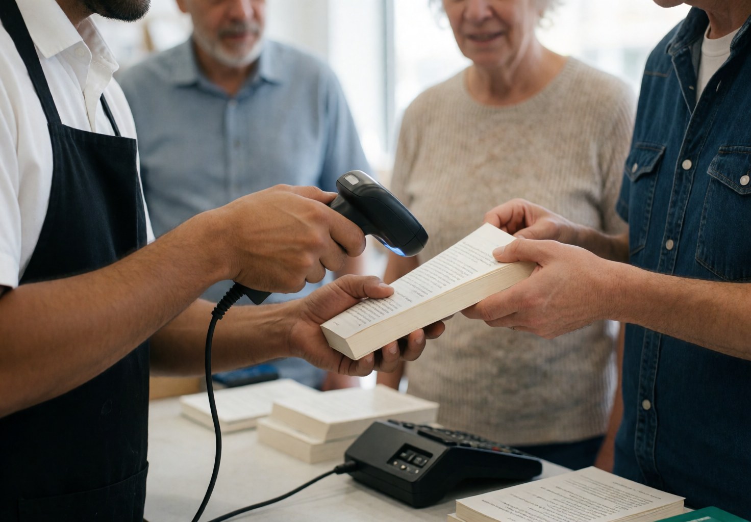 Employee scanning a book at the counter while a customer holds the item nearby
