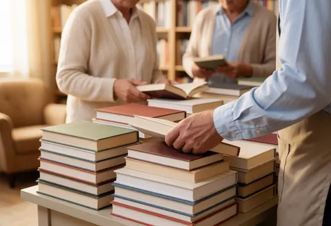 A hand reaches for a book on a table in a bookstore with shelves and a reading chair.