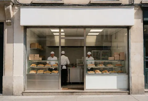 Three cooks preparing food in a catering storefront with display cases full of food and cardboard boxes in the background.