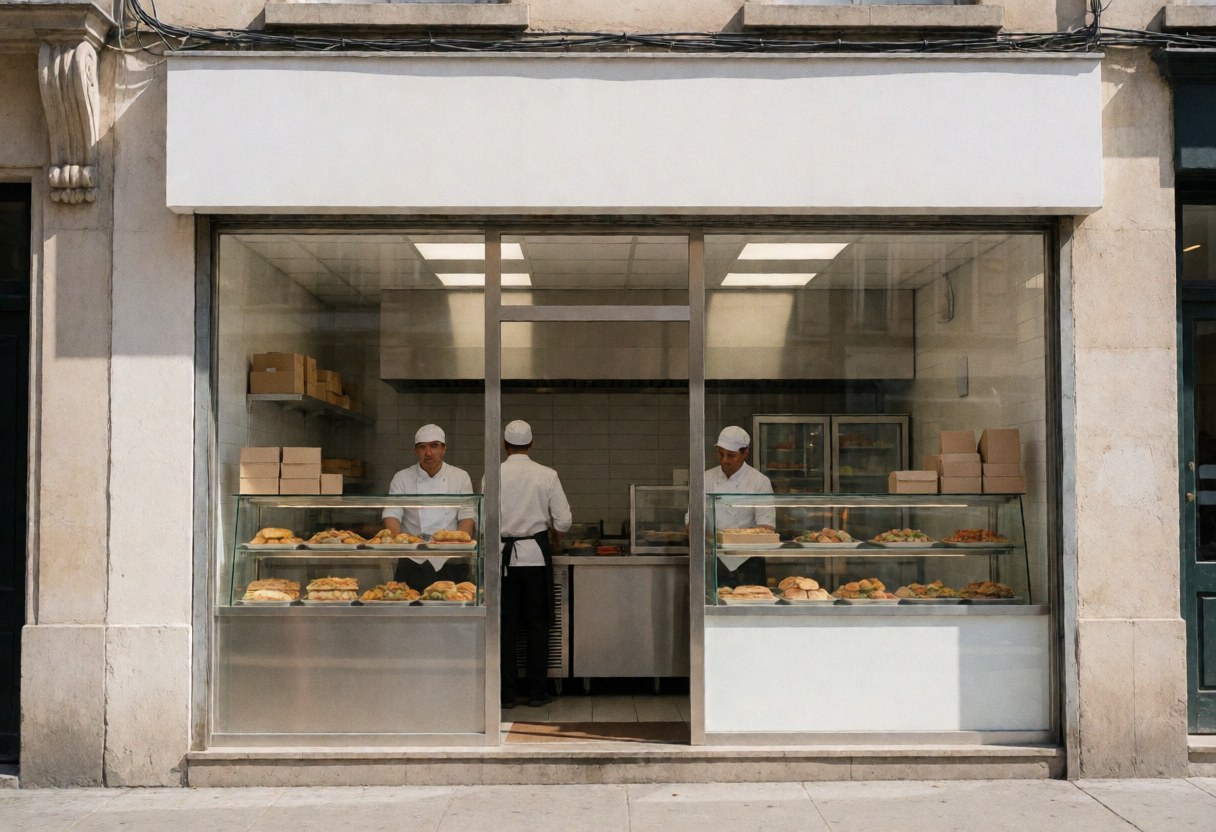 Three cooks preparing food in a catering storefront with display cases full of food and cardboard boxes in the background.