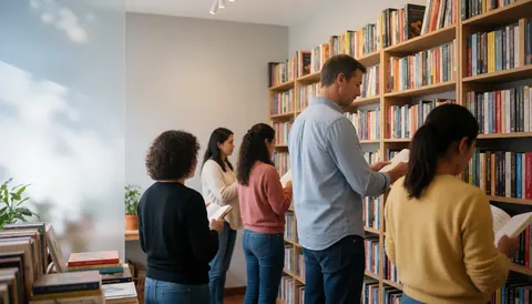 Customers browsing and reading books on wooden shelves in a bright bookstore with natural light