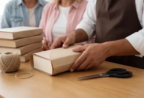 Seller wrapping a book with kraft paper on a wooden table with scissors and jute twine