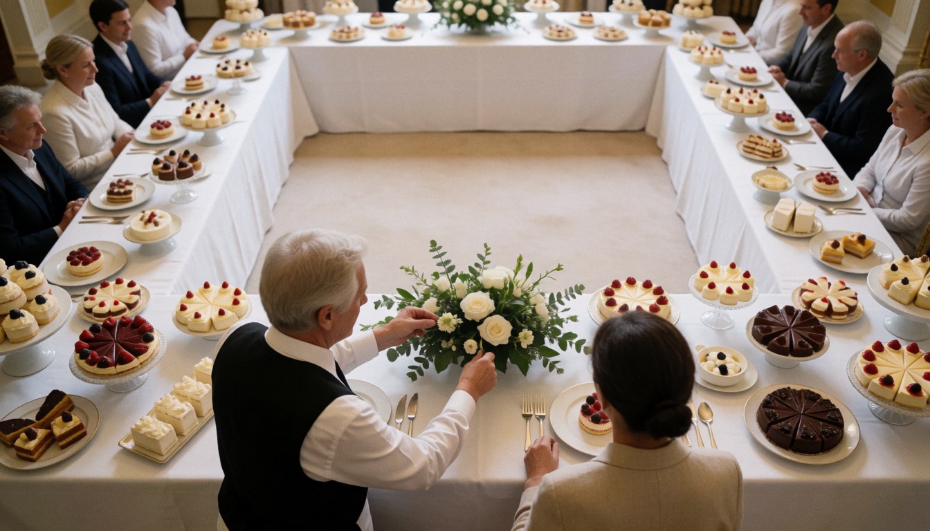 Staff serving desserts at a long table with seated guests and elegant floral decor for a catering event