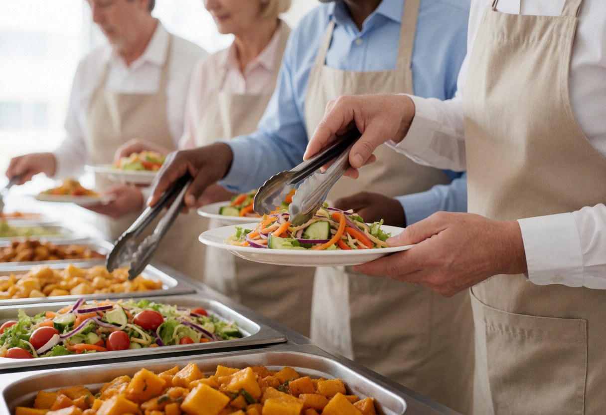 Hands using tongs to serve fresh salad from a metal bowl during a catering event