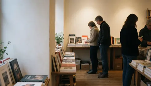 Shoppers look through books on shelves in a warm bookstore with wooden floors and white walls