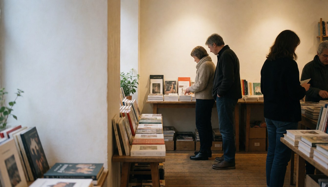 Shoppers look through books on shelves in a warm bookstore with wooden floors and white walls