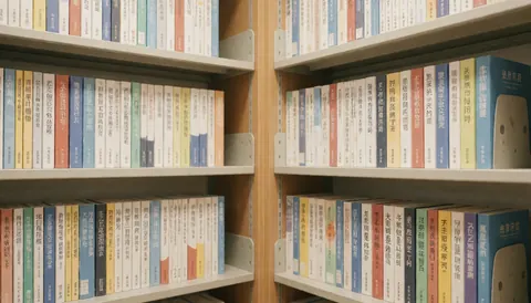 wooden bookshelves filled with chinese study books in a library setting with warm lighting