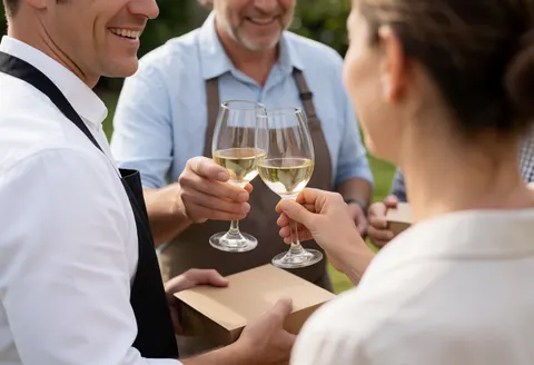 Catering staff serving white wine to smiling clients at an outdoor event with food boxes and joyful expressions