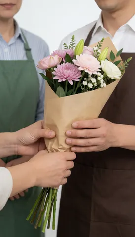 Close-up of florist hands handing over a fresh flower bouquet wrapped in brown kraft paper against a clean white background