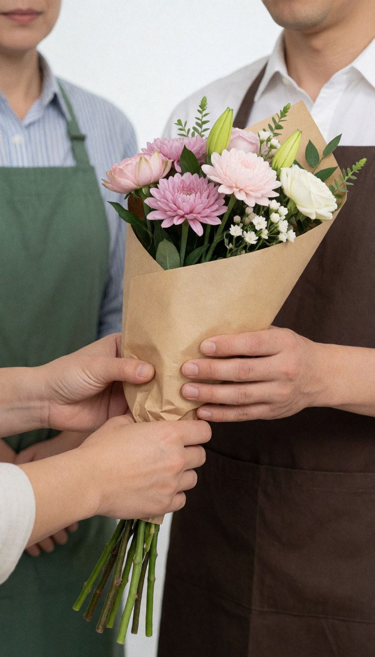Close-up of florist hands handing over a fresh flower bouquet wrapped in brown kraft paper against a clean white background