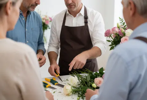 A florist wearing an apron cuts fresh roses with scissors on a white table in a flower shop.