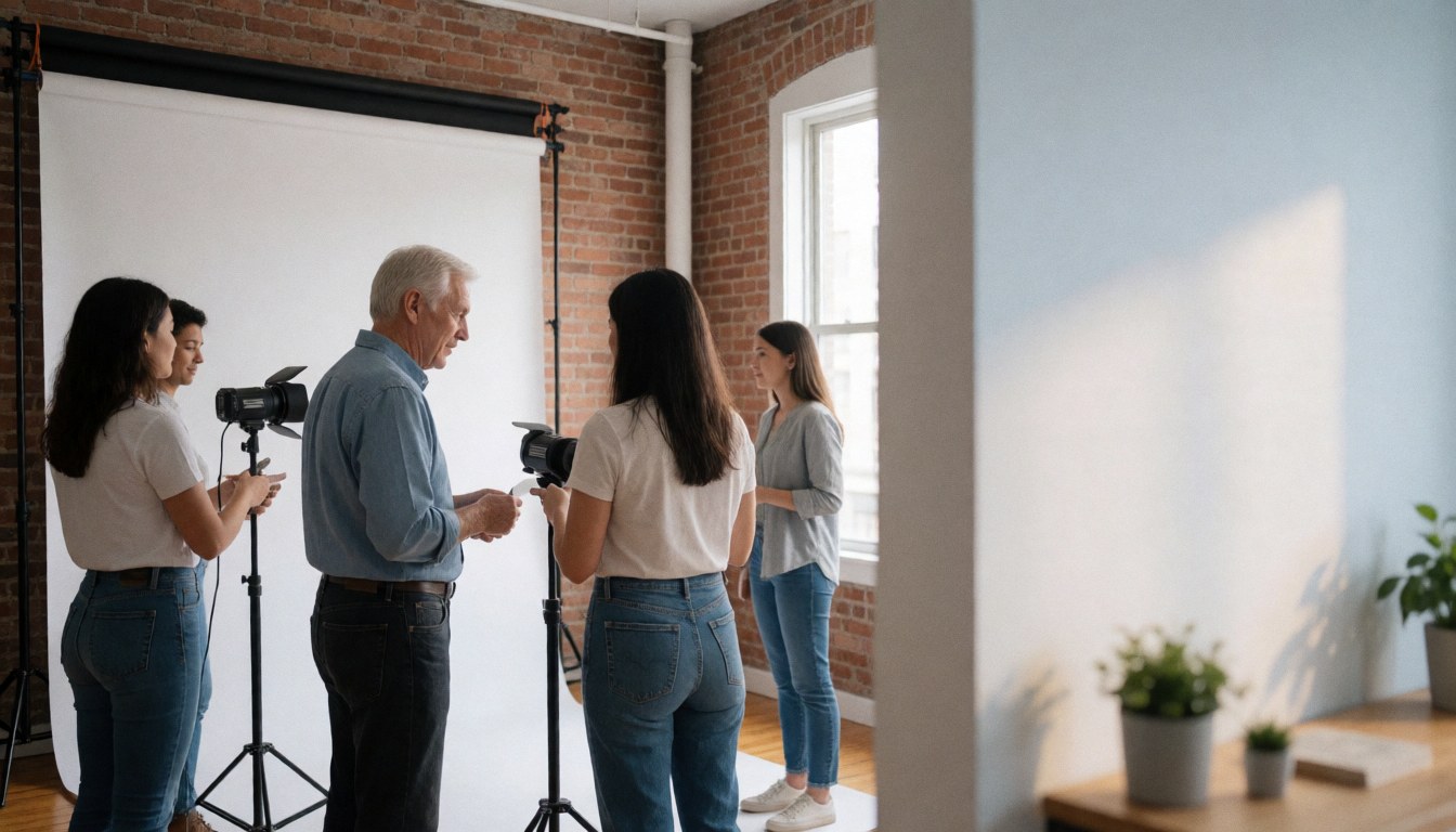 Photography team working in a studio with brick walls near a white backdrop and natural light from a window
