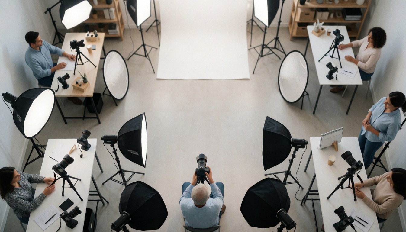 Photographers working with cameras and reflectors in a professional studio with white background and text space