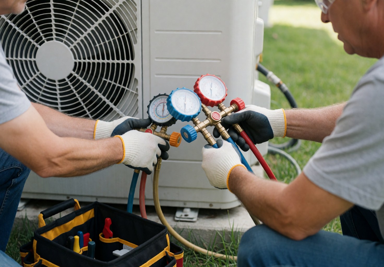 Technician wearing gloves and safety glasses connects manometers to an outdoor air conditioning unit in a garden with an open tool bag.