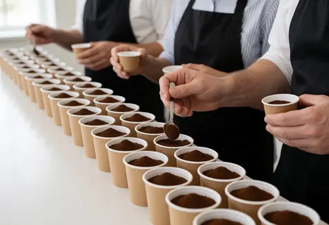 Hands measuring coffee in cups on a white table in a professional coffee shop setting.