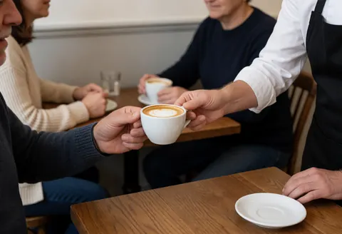 A barista pours a cappuccino for a client in a relaxed coffee shop with wooden tables and gray walls.