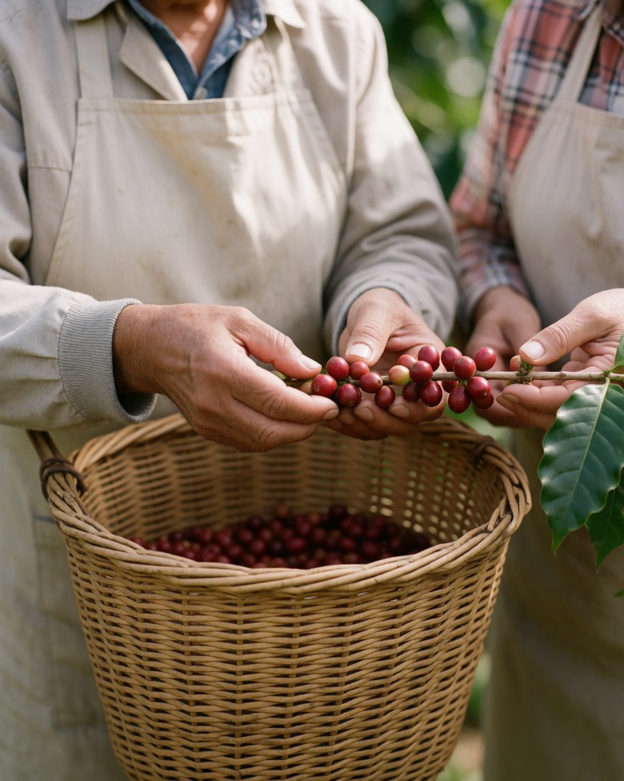 Hands picking ripe red coffee cherries from a branch and placing them into a woven basket on a coffee farm