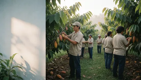 Workers collecting fresh cacao pods from green plants under morning light in an Ecuadorian plantation