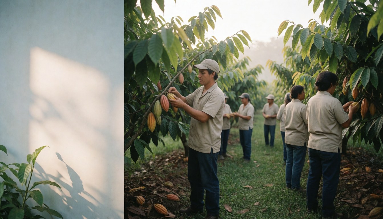 Workers collecting fresh cacao pods from green plants under morning light in an Ecuadorian plantation