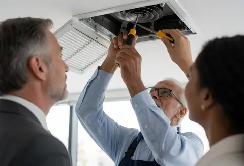 Technician with tools adjusts a ceiling fan in a bright modern office, demonstrating air conditioning service.