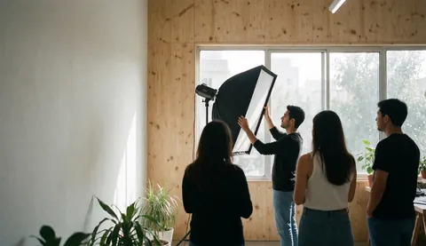 Photographer adjusts a softbox in a wooden studio with large windows while three people watch from behind.