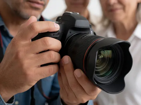 Close-up of hands adjusting a large DSLR camera lens in a photo studio with a blurred background of people.