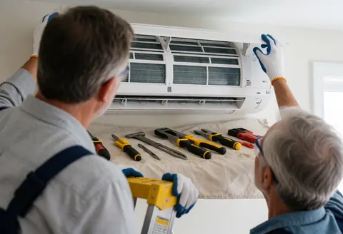 Technician installing a white indoor air conditioning unit on a clean wall with professional tools laid out on a white cloth.