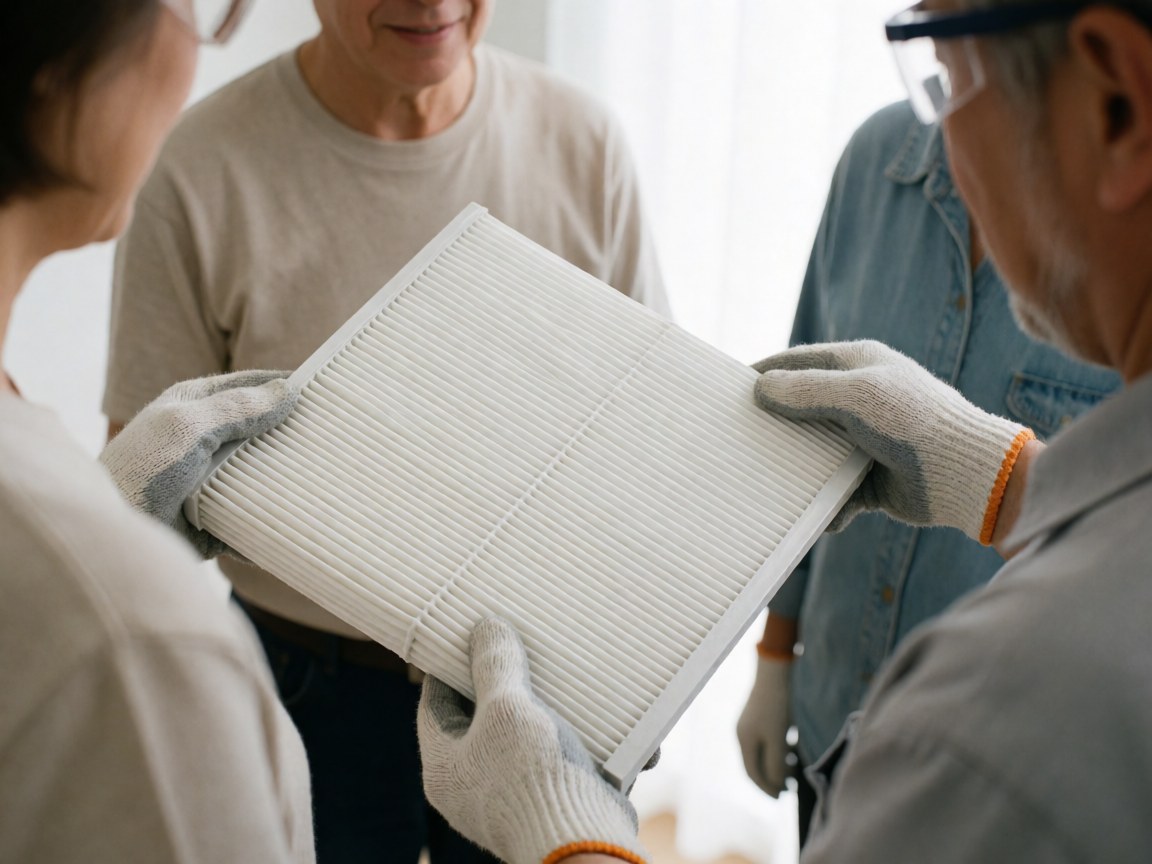 A technician wearing gloves and safety glasses holds a clean white air conditioning filter while explaining maintenance to clients indoors.