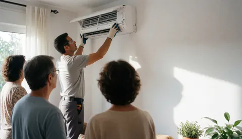 HVAC technician wearing safety glasses and gloves installs an air conditioning unit on a white wall while clients observe the service in a bright room.
