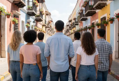 A group of tourists walking along a colonial street lined with colorful facades and potted plants on balconies.