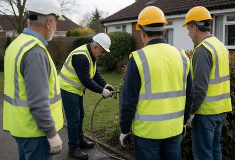 A plumber connects a hose to an outdoor faucet while other workers observe the plumbing service in action.