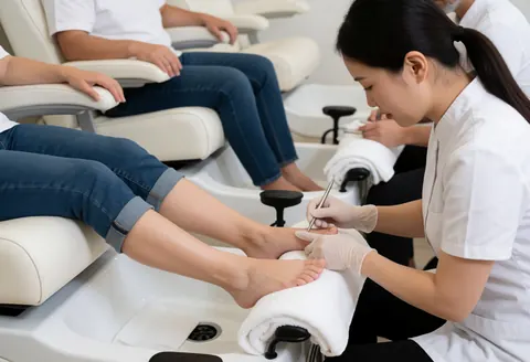A nail technician wearing gloves is performing a pedicure on a client in a white spa tub within a clean salon.