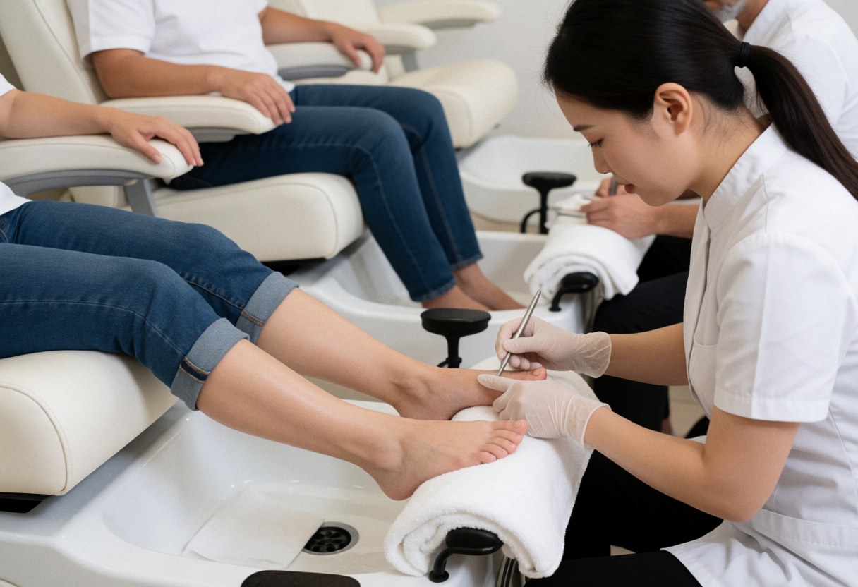 A nail technician wearing gloves is performing a pedicure on a client in a white spa tub within a clean salon.