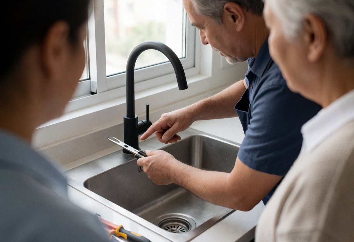 Plumber adjusting a black kitchen faucet while a client watches nearby with tools in hand.